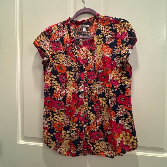Bass Tops - Bass Women's Vibrant Floral Blouse - Red, Pink, Yellow, Orange